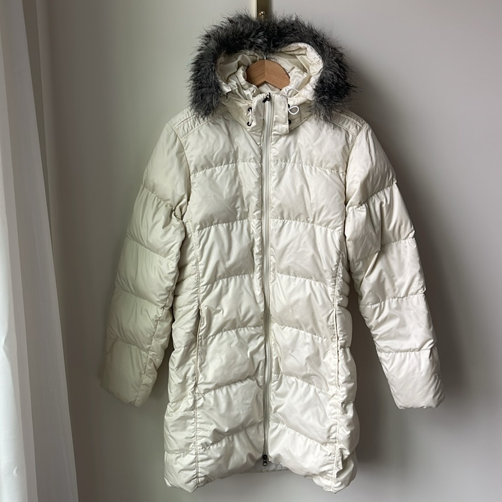 Mountain Hardwear Down Puffer Parka Coat Jacket Cream, Removeable Hood Size M